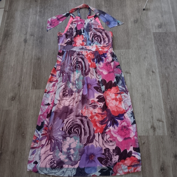 Eliza J Maxi Dress 18W Floral Chiffon Halter  High Neck Fit Flare Special Event - Picture 1 of 16